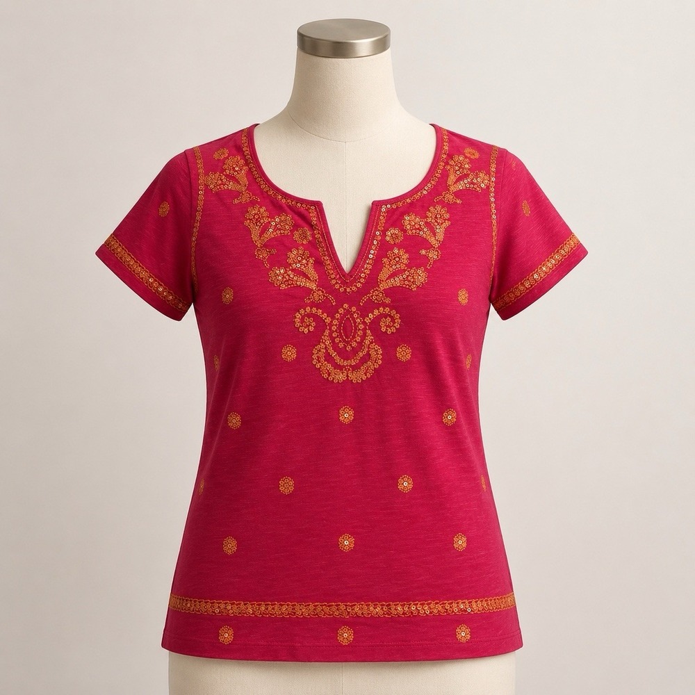 Sundance Floral Embroidered Top Womens Small Red Slub Sequin V-Neck Boho Blouse